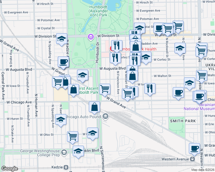 map of restaurants, bars, coffee shops, grocery stores, and more near 880 North Richmond Street in Chicago