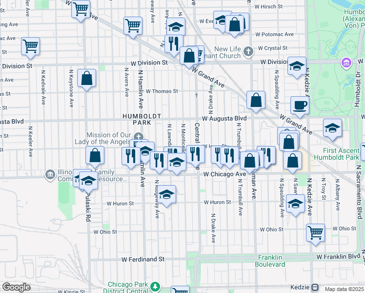 map of restaurants, bars, coffee shops, grocery stores, and more near 921 North Monticello Avenue in Chicago