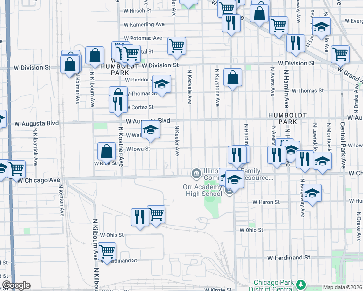 map of restaurants, bars, coffee shops, grocery stores, and more near 931 North Keeler Avenue in Chicago