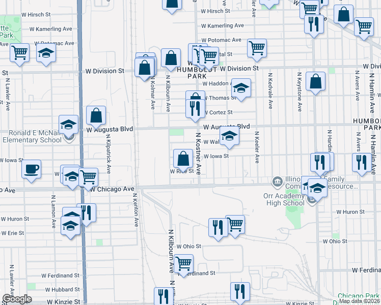 map of restaurants, bars, coffee shops, grocery stores, and more near 4416 West Walton Street in Chicago