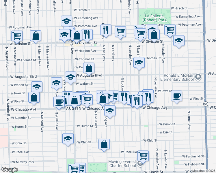 map of restaurants, bars, coffee shops, grocery stores, and more near 943 North Long Avenue in Chicago