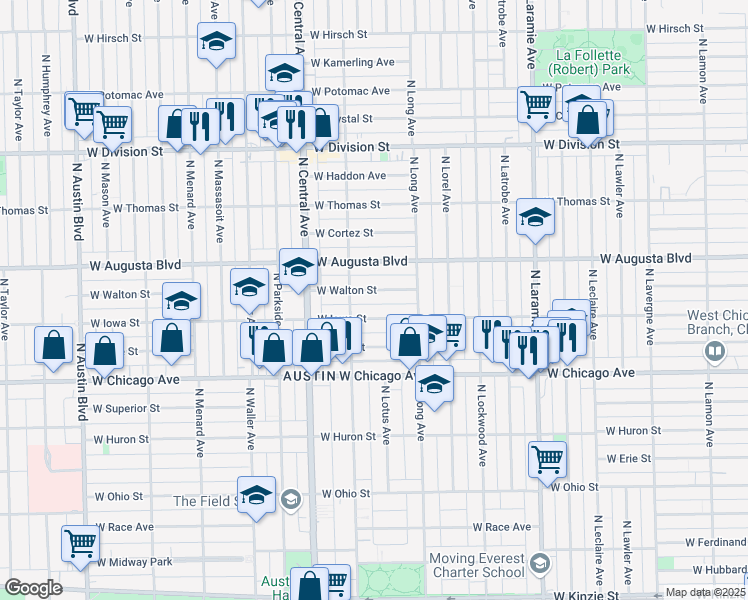 map of restaurants, bars, coffee shops, grocery stores, and more near 5430 West Walton Street in Chicago