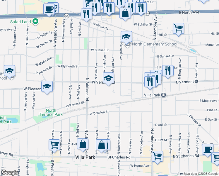 map of restaurants, bars, coffee shops, grocery stores, and more near 400 North Michigan Avenue in Villa Park