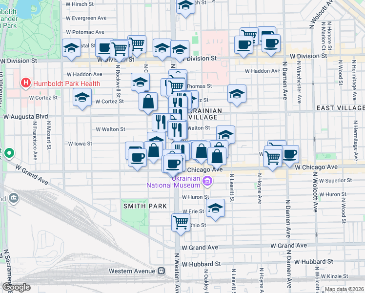 map of restaurants, bars, coffee shops, grocery stores, and more near 2347 West Iowa Street in Chicago