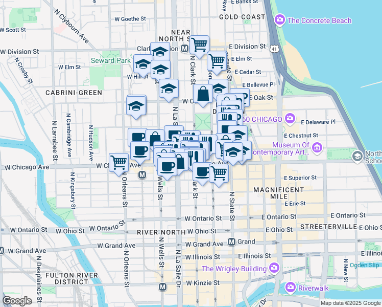 map of restaurants, bars, coffee shops, grocery stores, and more near 103 West Chestnut Street in Chicago