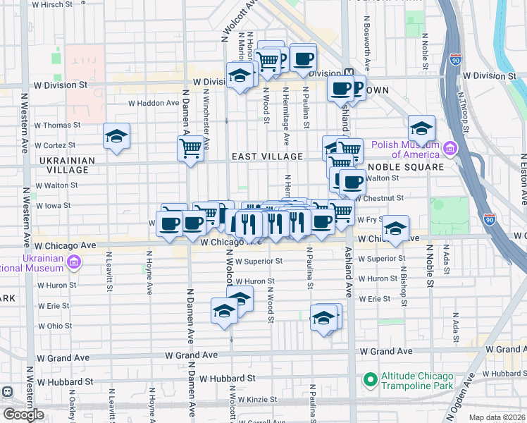 map of restaurants, bars, coffee shops, grocery stores, and more near 903 North Wood Street in Chicago