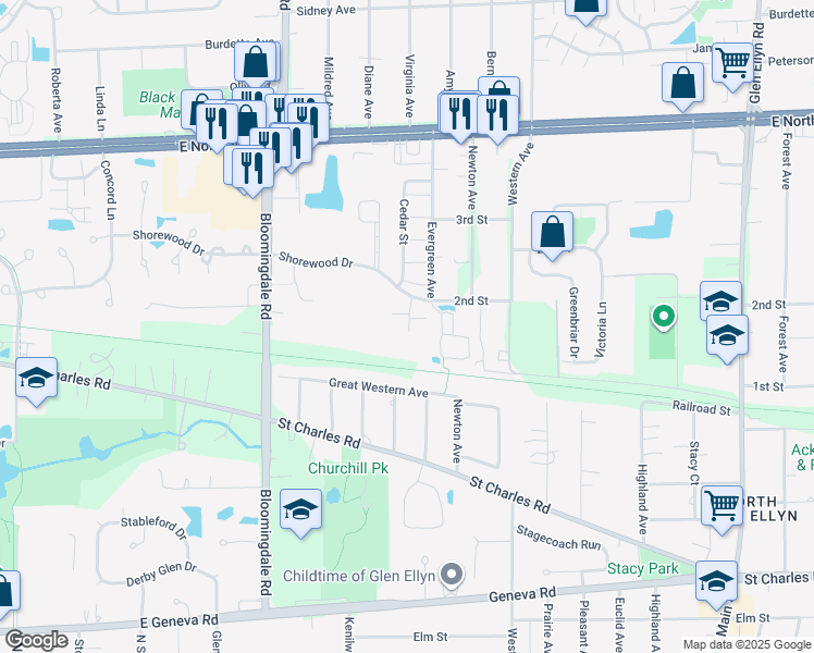 map of restaurants, bars, coffee shops, grocery stores, and more near 1002 Spruce Street in Glendale Heights