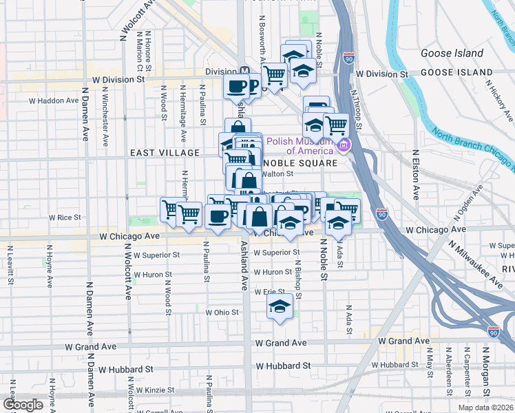 map of restaurants, bars, coffee shops, grocery stores, and more near 1541 West Pearson Street in Chicago