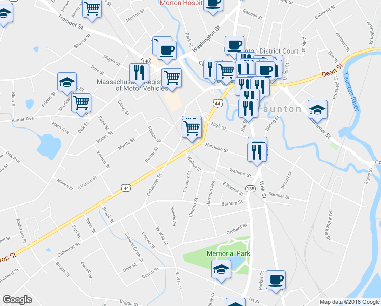 map of restaurants, bars, coffee shops, grocery stores, and more near 70 Winthrop Street in Taunton