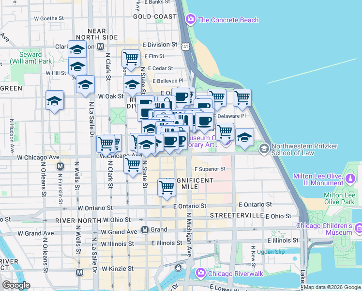 map of restaurants, bars, coffee shops, grocery stores, and more near 820 North Michigan Avenue in Chicago