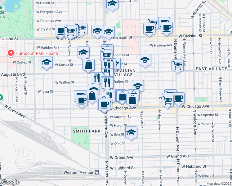 map of restaurants, bars, coffee shops, grocery stores, and more near 2324 West Iowa Street in Chicago