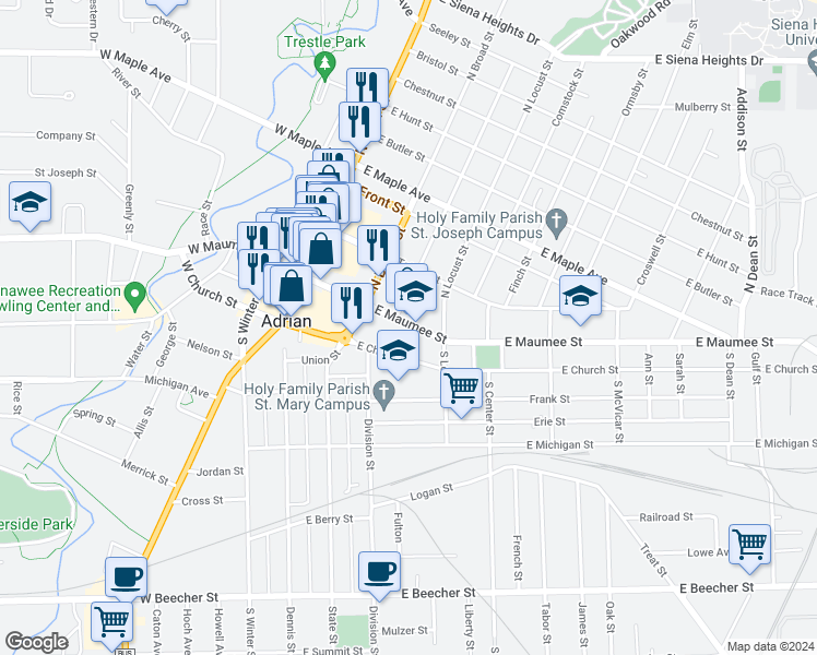 map of restaurants, bars, coffee shops, grocery stores, and more near 318 East Maumee Street in Adrian