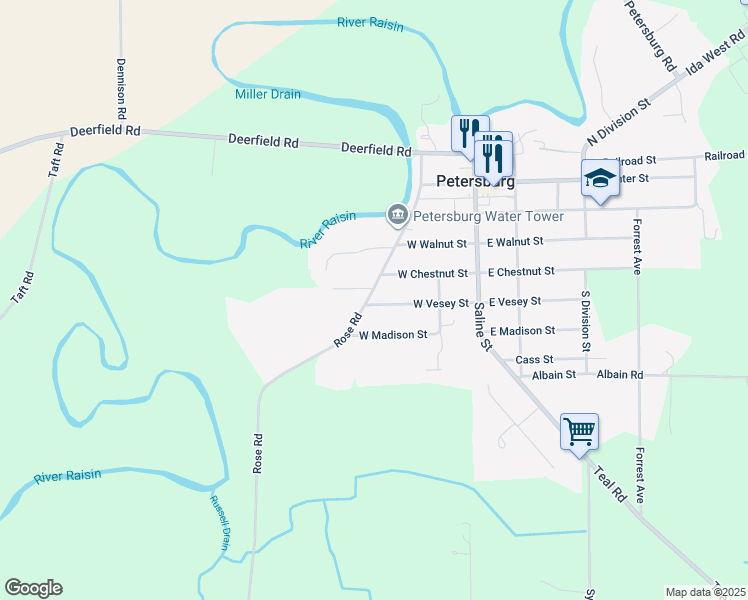 map of restaurants, bars, coffee shops, grocery stores, and more near 430 Rose Road in Petersburg