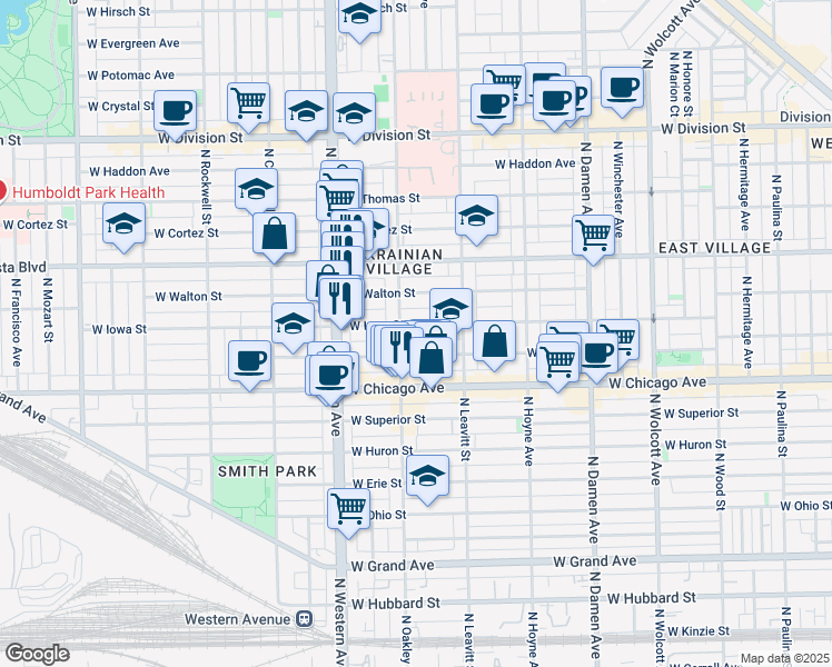 map of restaurants, bars, coffee shops, grocery stores, and more near 2248 West Iowa Street in Chicago