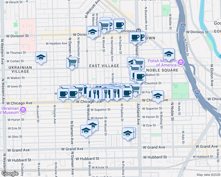 map of restaurants, bars, coffee shops, grocery stores, and more near 903 North Wood Street in Chicago