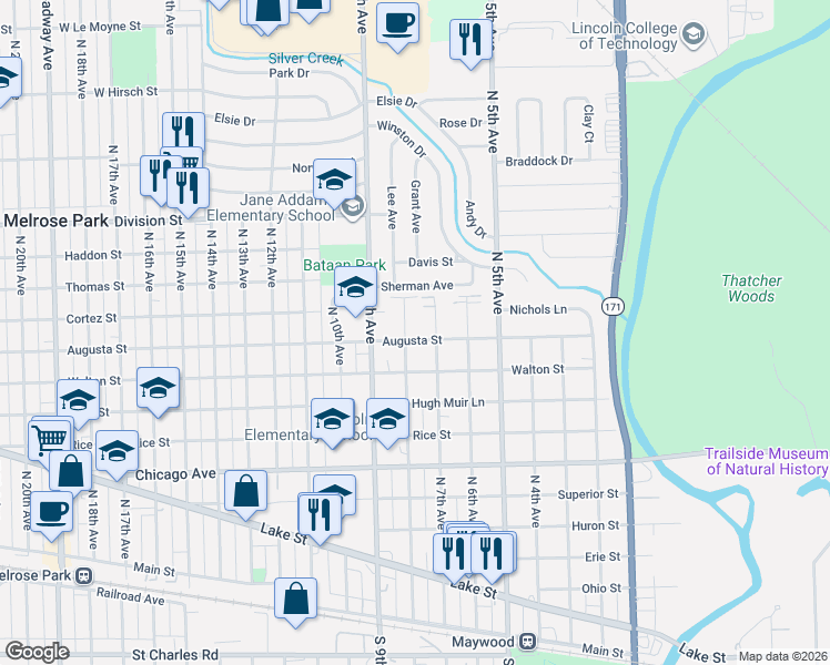 map of restaurants, bars, coffee shops, grocery stores, and more near 1123 North 8th Avenue in Maywood