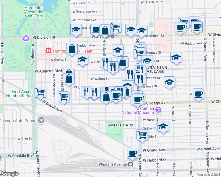 map of restaurants, bars, coffee shops, grocery stores, and more near 2543 West Iowa Street in Chicago