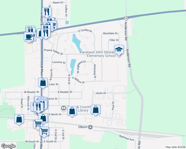map of restaurants, bars, coffee shops, grocery stores, and more near 640 Downing Street in Elburn