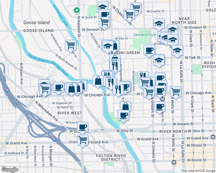 map of restaurants, bars, coffee shops, grocery stores, and more near 848 North Larrabee Street in Chicago