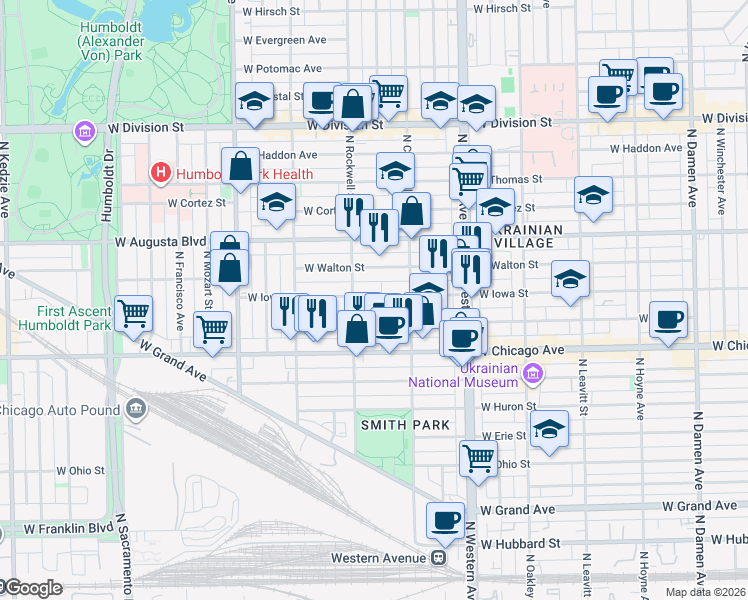 map of restaurants, bars, coffee shops, grocery stores, and more near 2539 West Iowa Street in Chicago