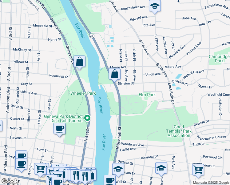 map of restaurants, bars, coffee shops, grocery stores, and more near 860 North Bennett Street in Geneva