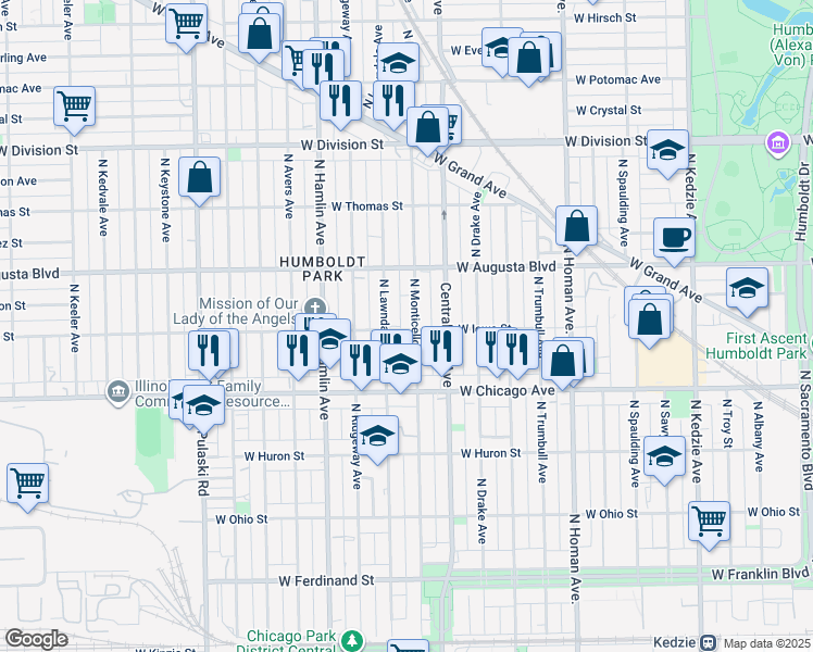 map of restaurants, bars, coffee shops, grocery stores, and more near 923 North Lawndale Avenue in Chicago