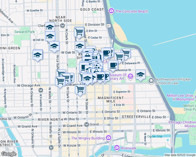 map of restaurants, bars, coffee shops, grocery stores, and more near 55 East Pearson Street in Chicago