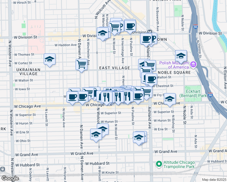 map of restaurants, bars, coffee shops, grocery stores, and more near 903 North Wood Street in Chicago