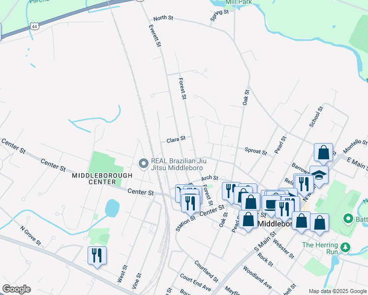 map of restaurants, bars, coffee shops, grocery stores, and more near 72 Everett Street in Middleborough