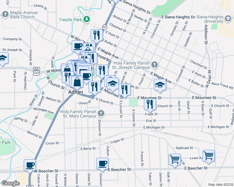 map of restaurants, bars, coffee shops, grocery stores, and more near 131 North Locust Street in Adrian