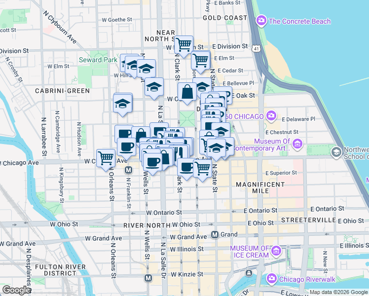 map of restaurants, bars, coffee shops, grocery stores, and more near 103 West Chestnut Street in Chicago