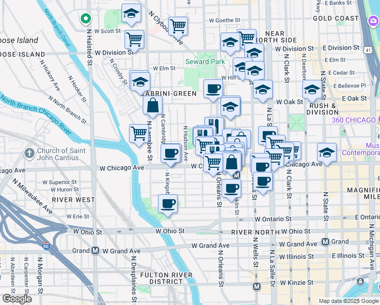 map of restaurants, bars, coffee shops, grocery stores, and more near 361 West Chestnut Street in Chicago