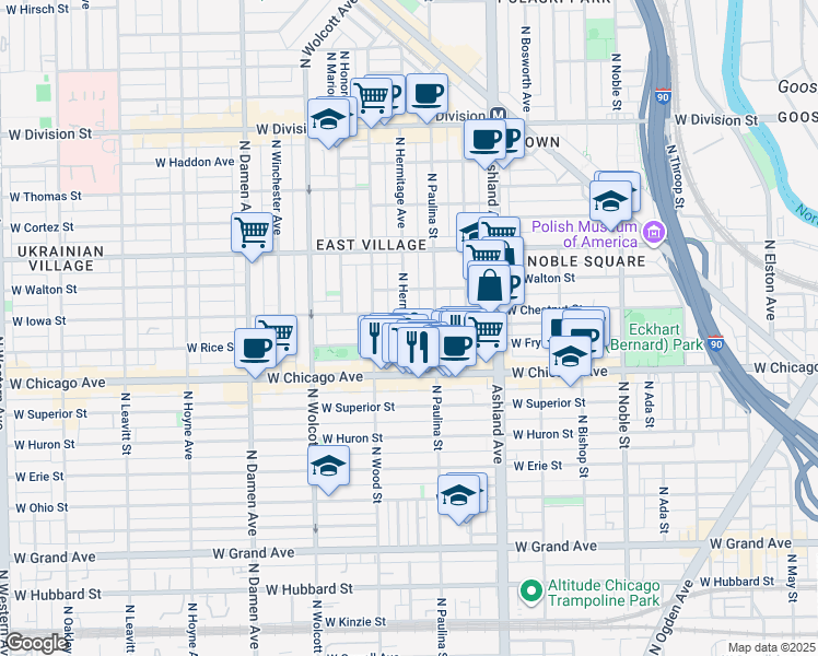 map of restaurants, bars, coffee shops, grocery stores, and more near 873 North Hermitage Avenue in Chicago