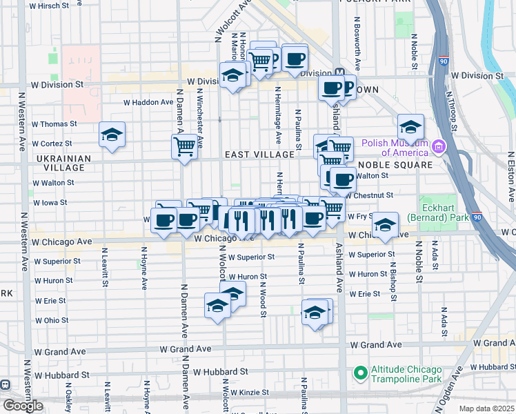 map of restaurants, bars, coffee shops, grocery stores, and more near 903 North Wood Street in Chicago