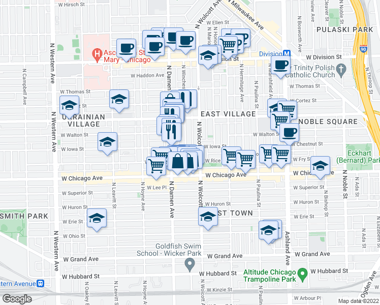 map of restaurants, bars, coffee shops, grocery stores, and more near 904 North Wolcott Avenue in Chicago