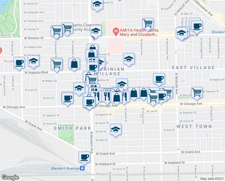 map of restaurants, bars, coffee shops, grocery stores, and more near 2248 West Iowa Street in Chicago