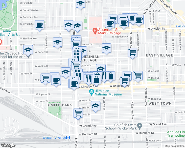 map of restaurants, bars, coffee shops, grocery stores, and more near 2248 West Iowa Street in Chicago
