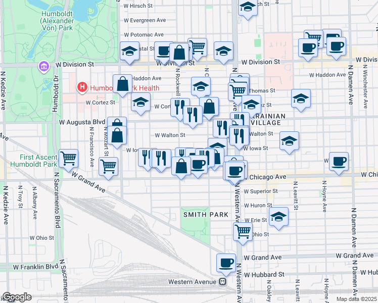 map of restaurants, bars, coffee shops, grocery stores, and more near 917 North Rockwell Street in Chicago