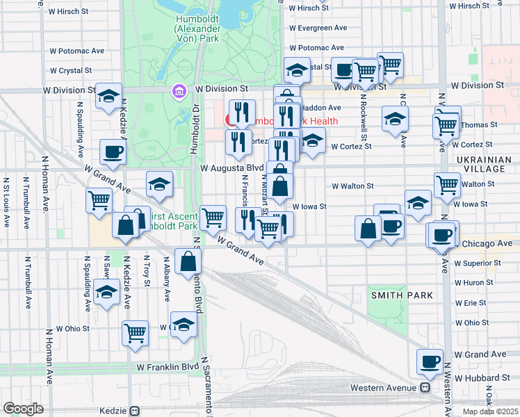 map of restaurants, bars, coffee shops, grocery stores, and more near 2851 West Walton Street in Chicago