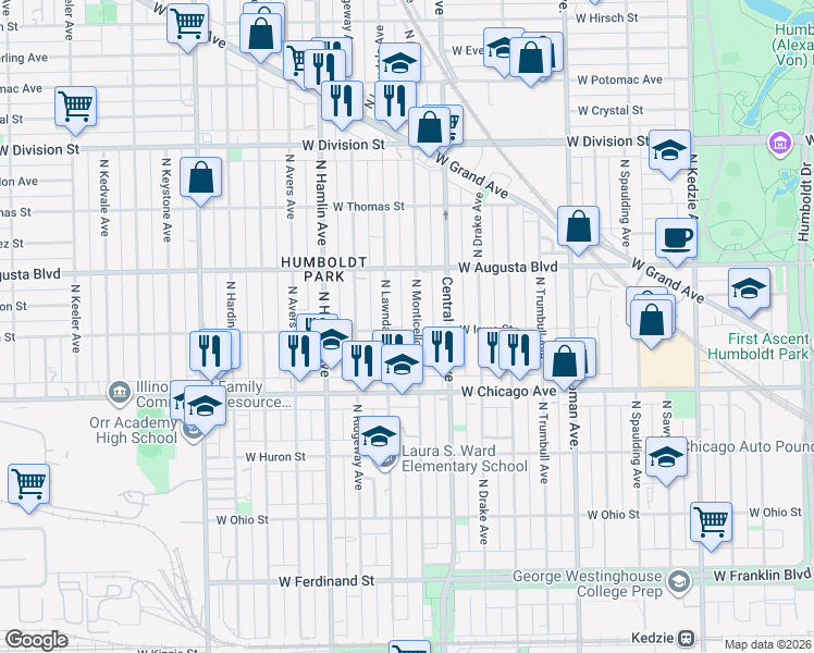 map of restaurants, bars, coffee shops, grocery stores, and more near 923 North Lawndale Avenue in Chicago