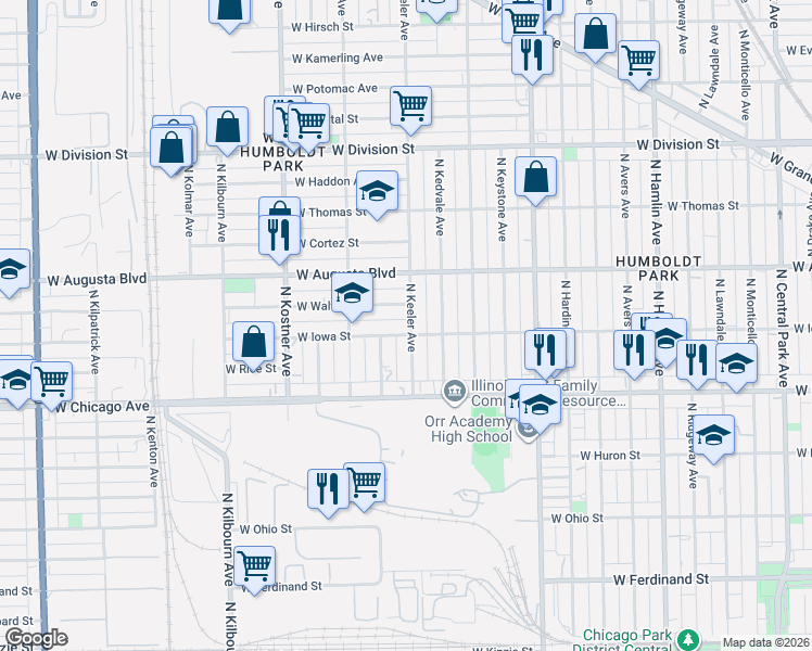 map of restaurants, bars, coffee shops, grocery stores, and more near 4219 West Walton Street in Chicago