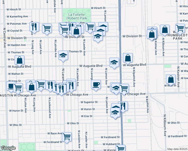 map of restaurants, bars, coffee shops, grocery stores, and more near 4942 West Walton Street in Chicago