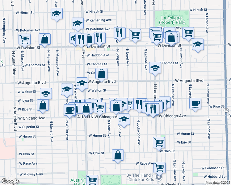map of restaurants, bars, coffee shops, grocery stores, and more near 943 North Long Avenue in Chicago
