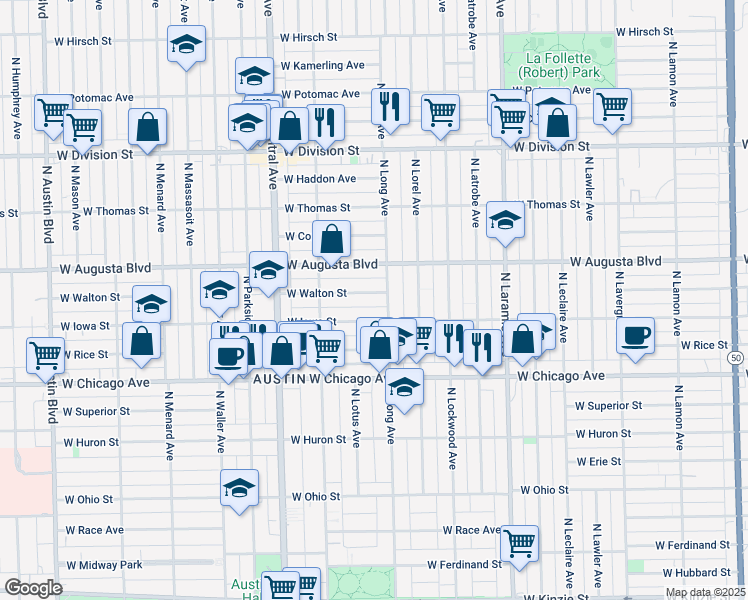 map of restaurants, bars, coffee shops, grocery stores, and more near 5430 West Walton Street in Chicago