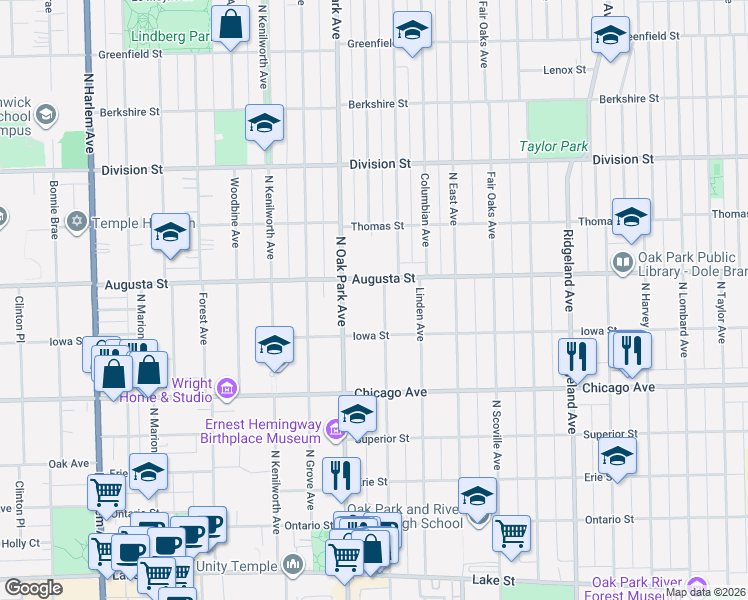 map of restaurants, bars, coffee shops, grocery stores, and more near 647 North Euclid Avenue in Oak Park