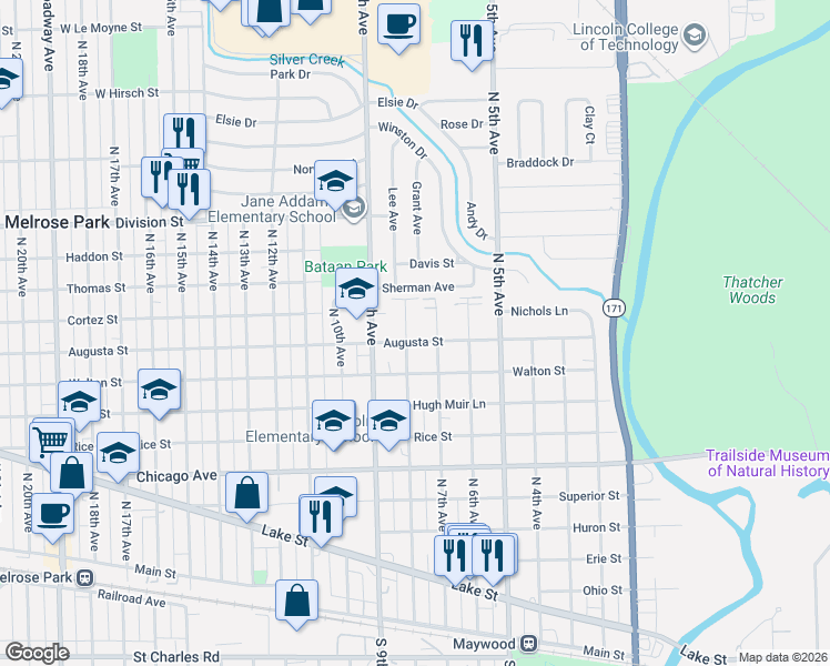 map of restaurants, bars, coffee shops, grocery stores, and more near 1123 North 8th Avenue in Maywood