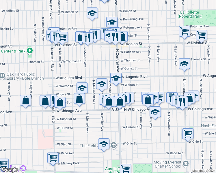 map of restaurants, bars, coffee shops, grocery stores, and more near 924 North Parkside Avenue in Chicago