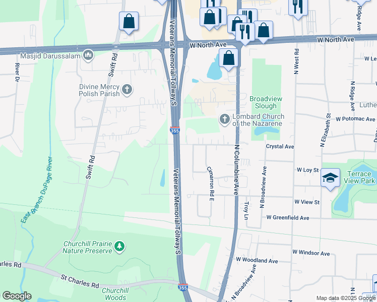 map of restaurants, bars, coffee shops, grocery stores, and more near 364 Buckingham Court in Lombard