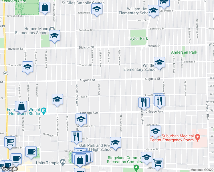 map of restaurants, bars, coffee shops, grocery stores, and more near 633 North East Avenue in Oak Park