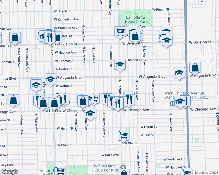 map of restaurants, bars, coffee shops, grocery stores, and more near 920 North Latrobe Avenue in Chicago